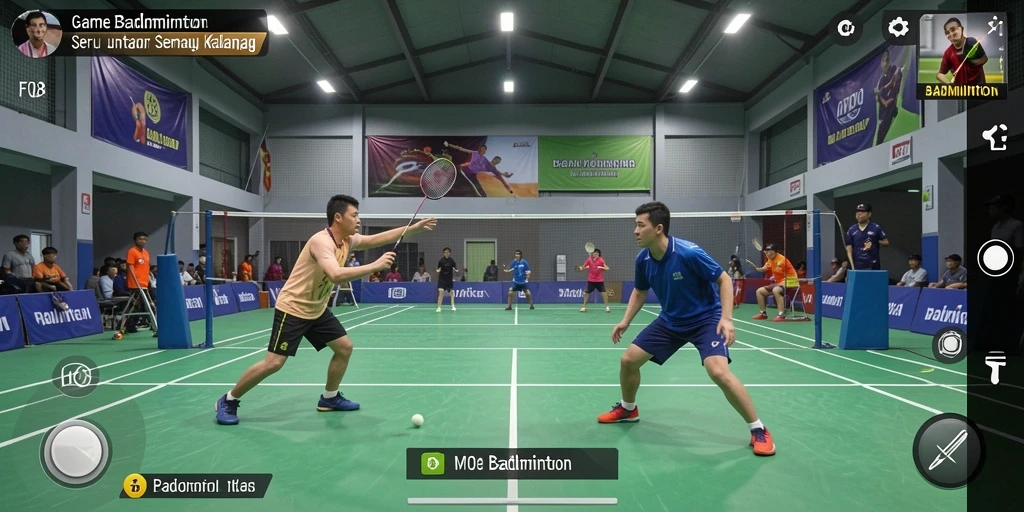 Antarmuka menarik F08 dengan karakter badminton yang dinamis.